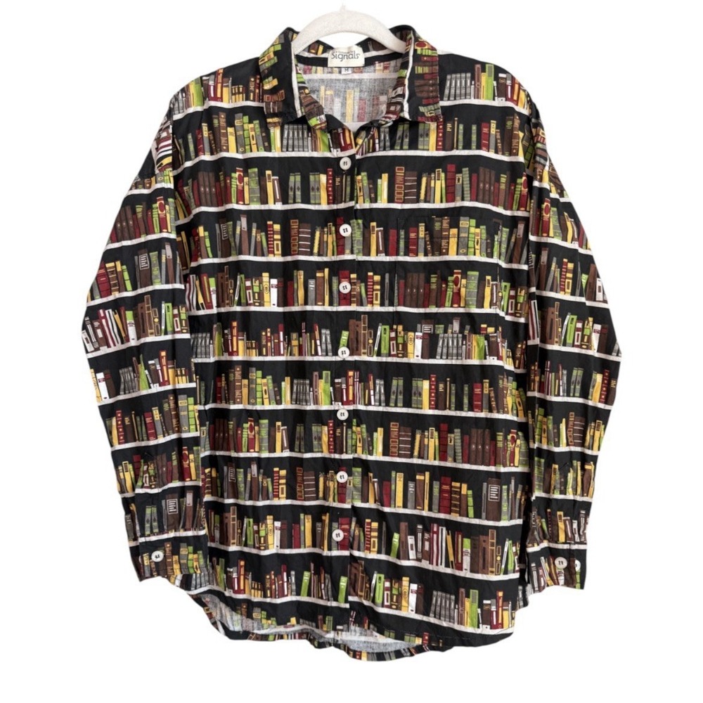 Vtg Exclusively For Signals Bookshelf Print Long Sleeve Shirt M Library Teacher